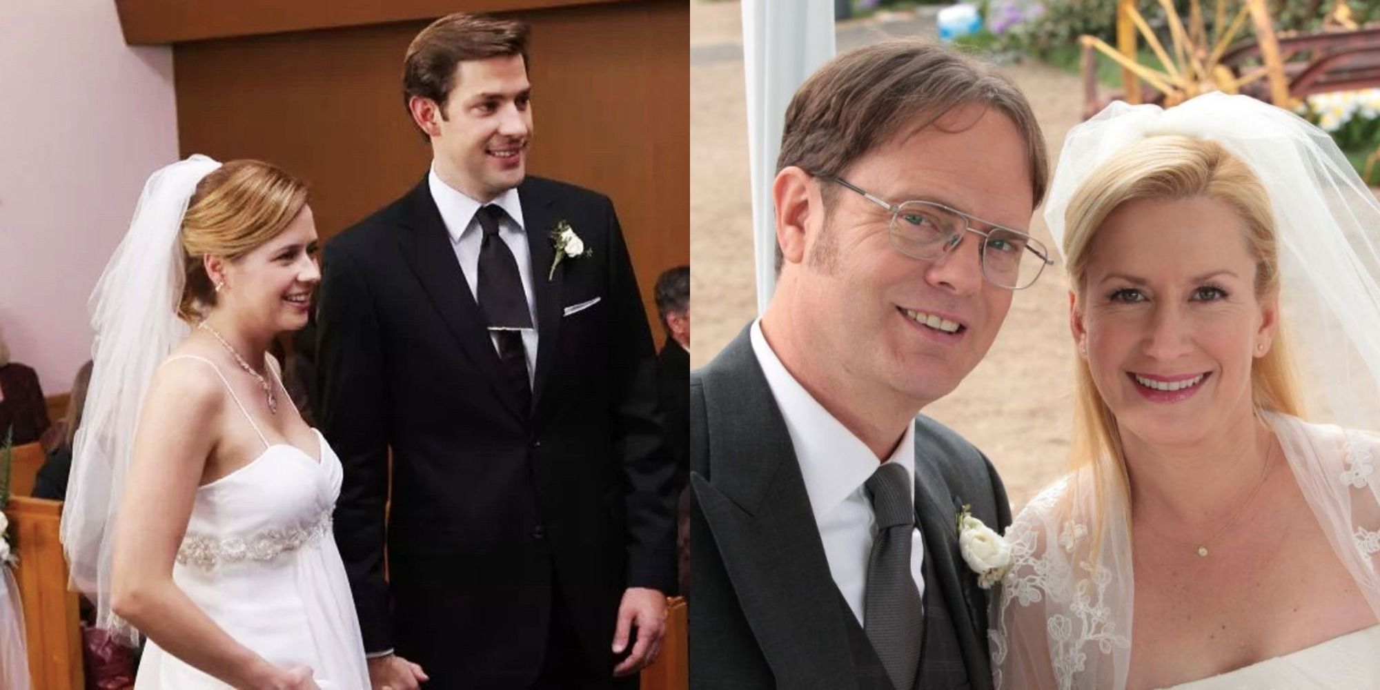 Split image showing the weddings of Pam and Jim, and Dwight and Angela in The Office