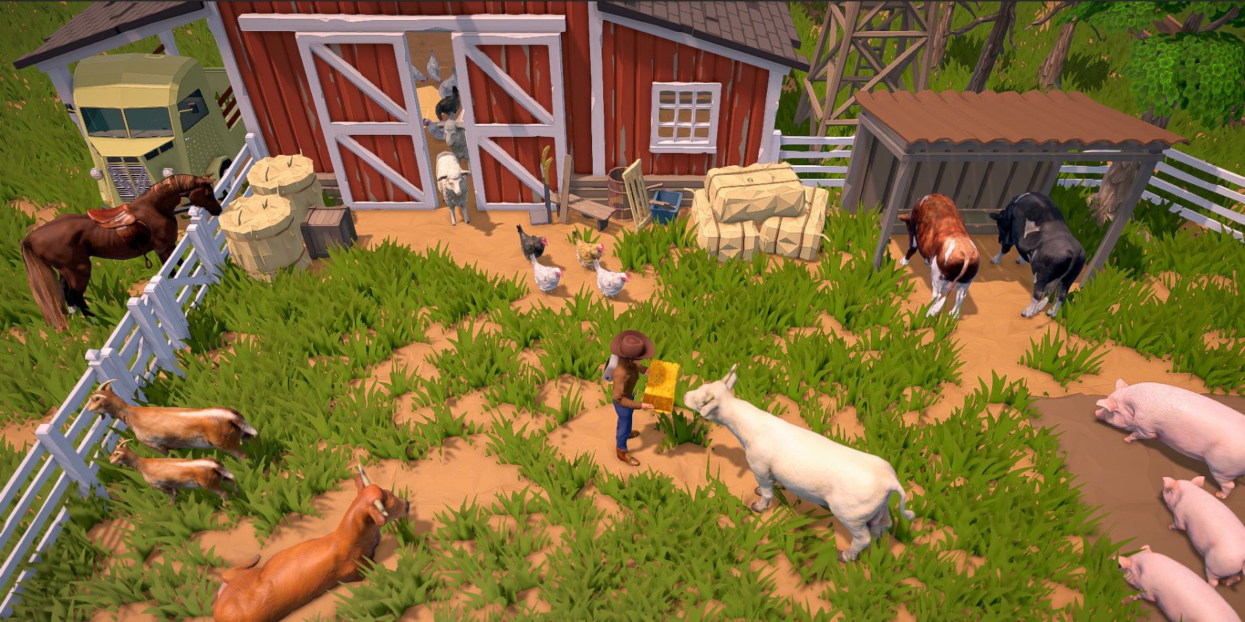 The player feeding hay to their animals in The Ranchers