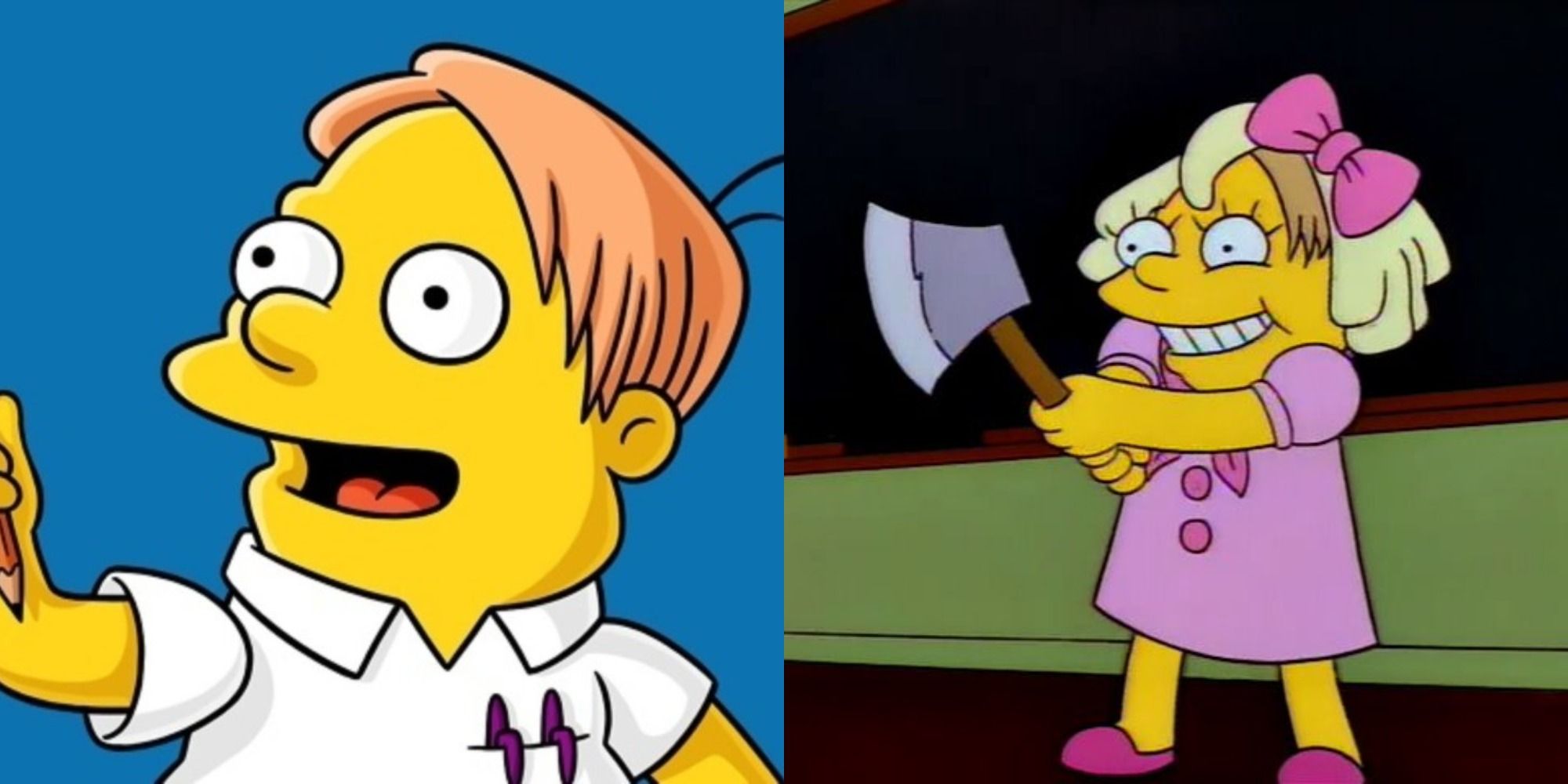 Split image showing Martin smiling and dressed as Lizzie Borden in The Simpsons