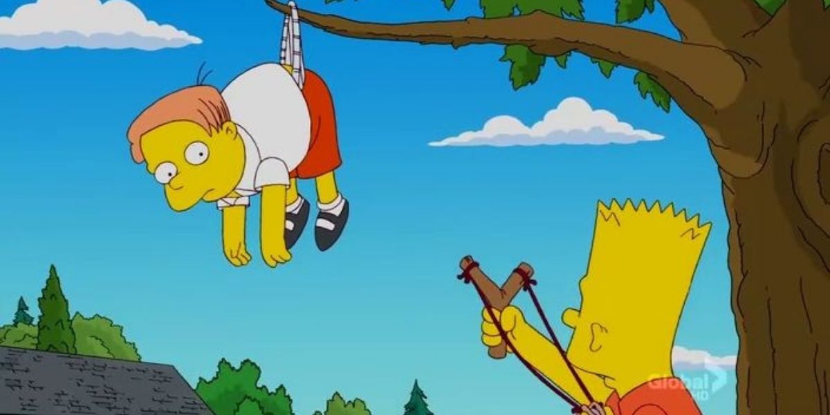 Martin hangs from a tree and Bart takes a shot at him in The Simpsons