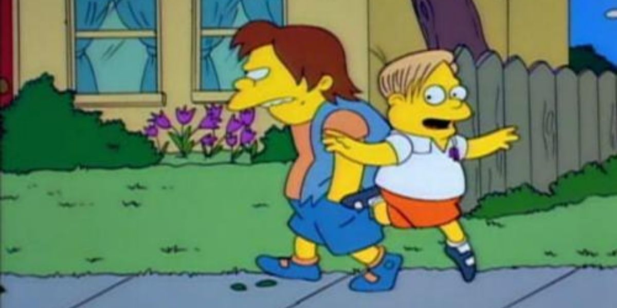 An annoyed Nelson walks while Martin dances around him in The Simpsons