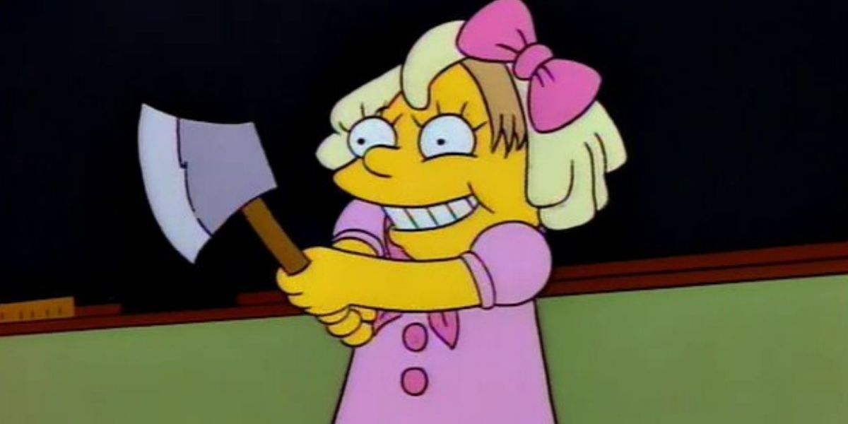 Martin dressed as Lizzie Borden holding an axe in The Simpsons