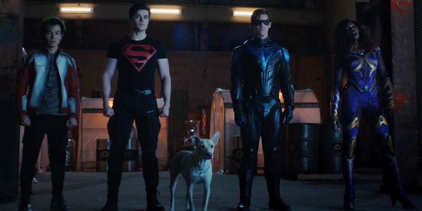 Beat Boy, Superboy, Krypto, Nightwing, and Starfire stand in Titans.