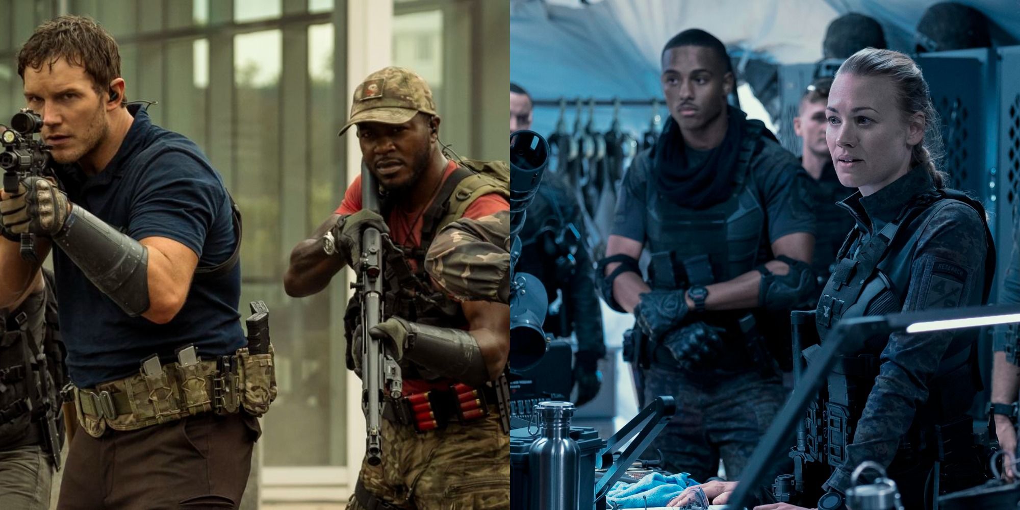 Split image of Dan and Dorian with guns and Muri talking to soldiers