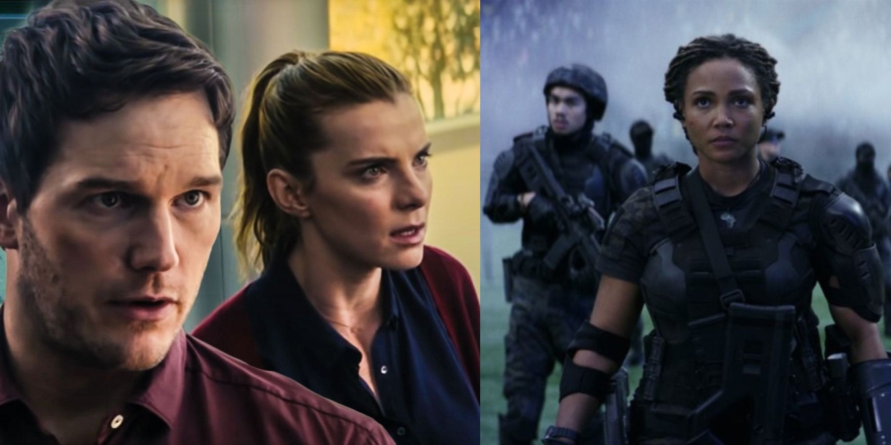 Split image of Dan and Emmy/Hart as a soldier in The Tomorrow War