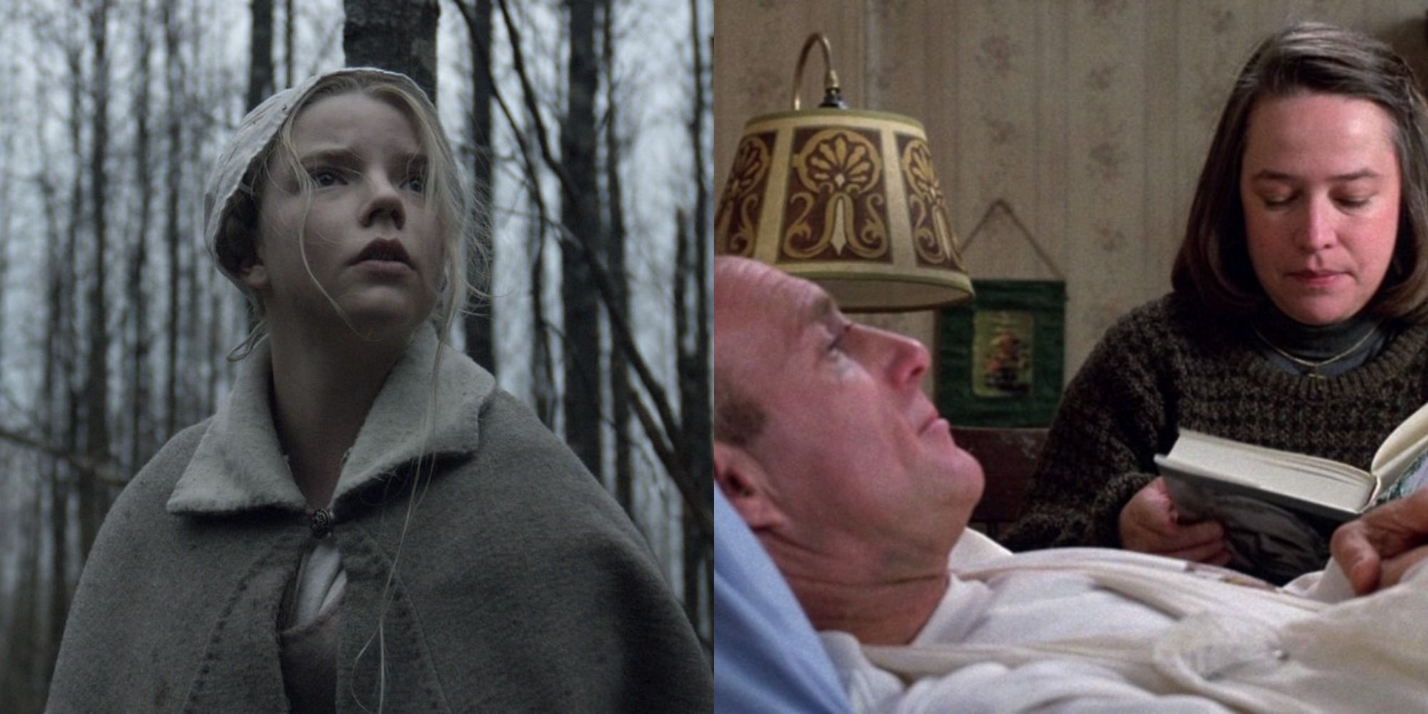 Annie and Paul from Misery and Thomasin from The Witch in two side by side images.