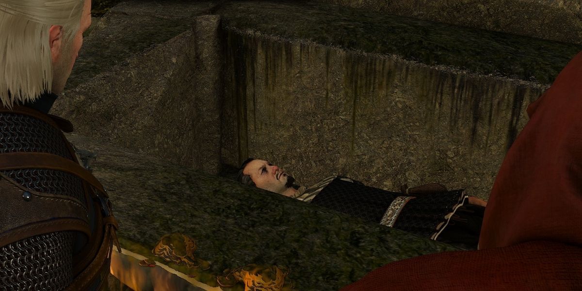 Geralt looking at a man in a tomb in The Witcher 3.