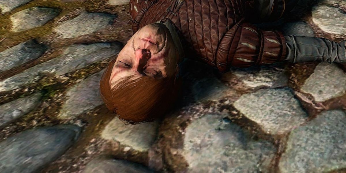 O cadáver de um homem parecido com Tyrion Lannister em The Witcher 3.