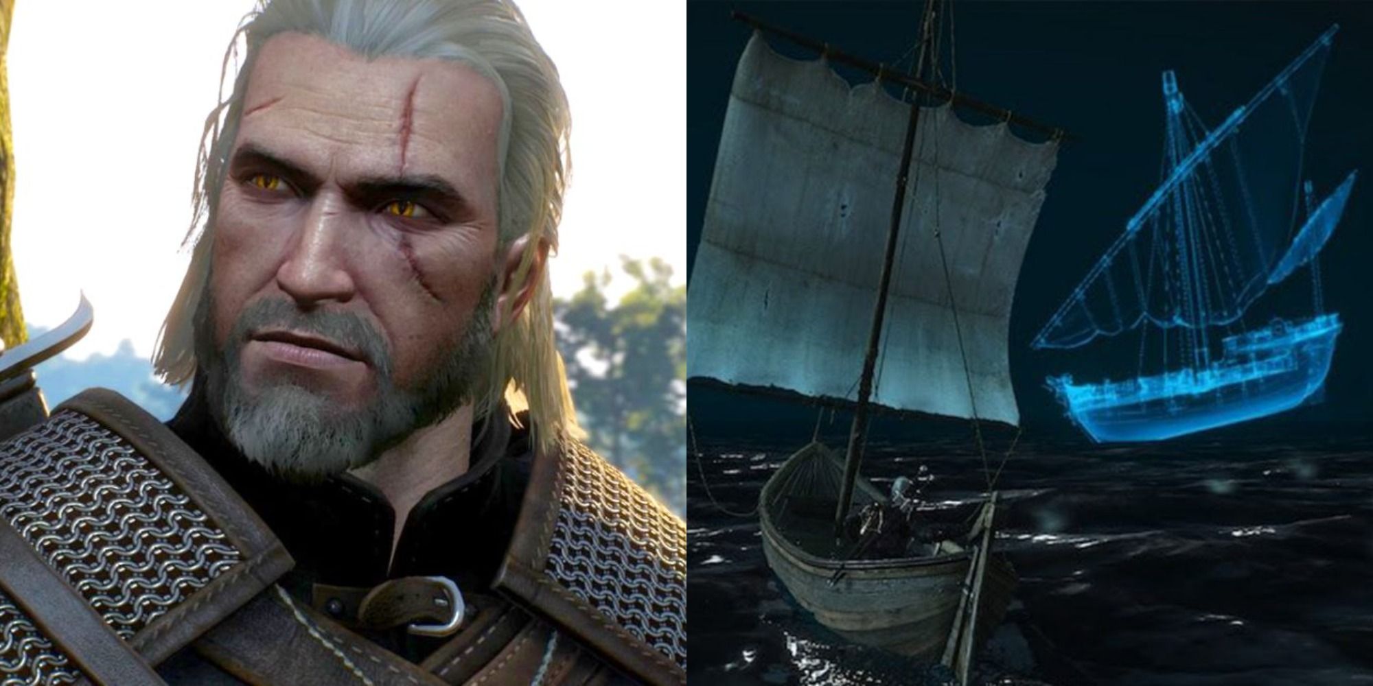 Split image of Geralt and a ship from the Witcher video game series.