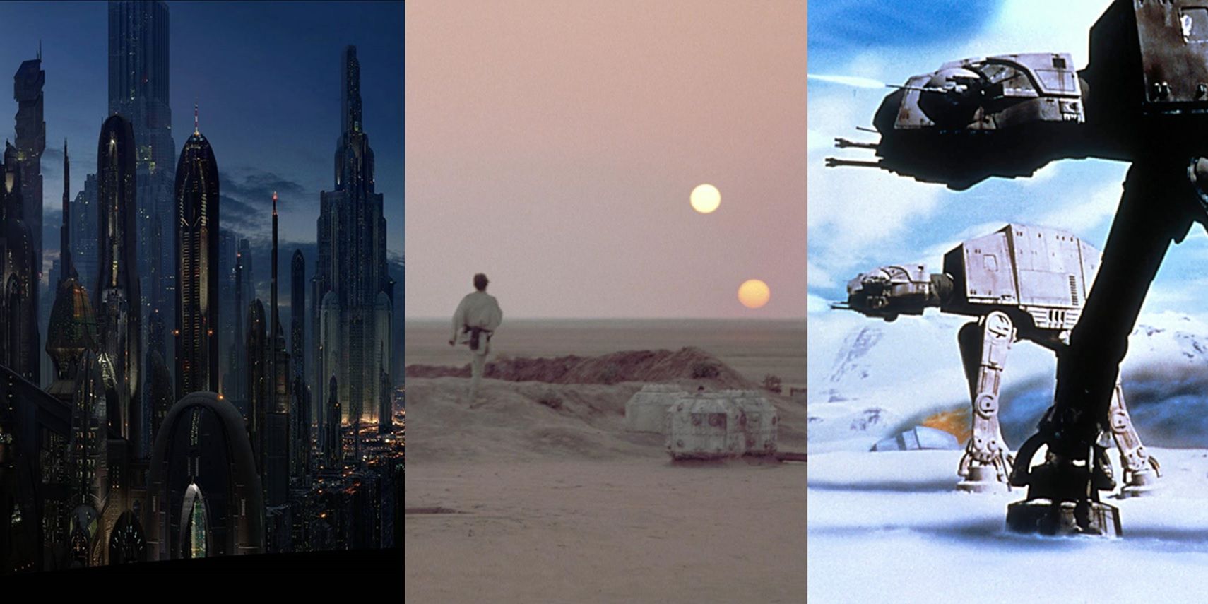 Split image of Coruscant, Tatooine, and Hoth from Star Wars