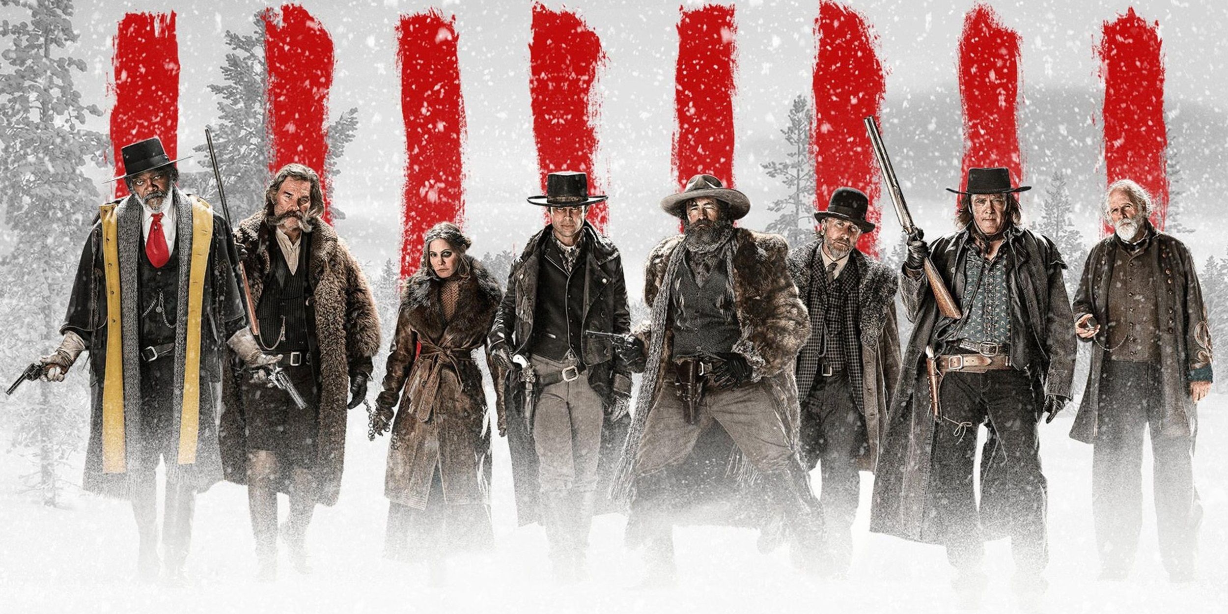 The cast of The Hateful Eight in the snow