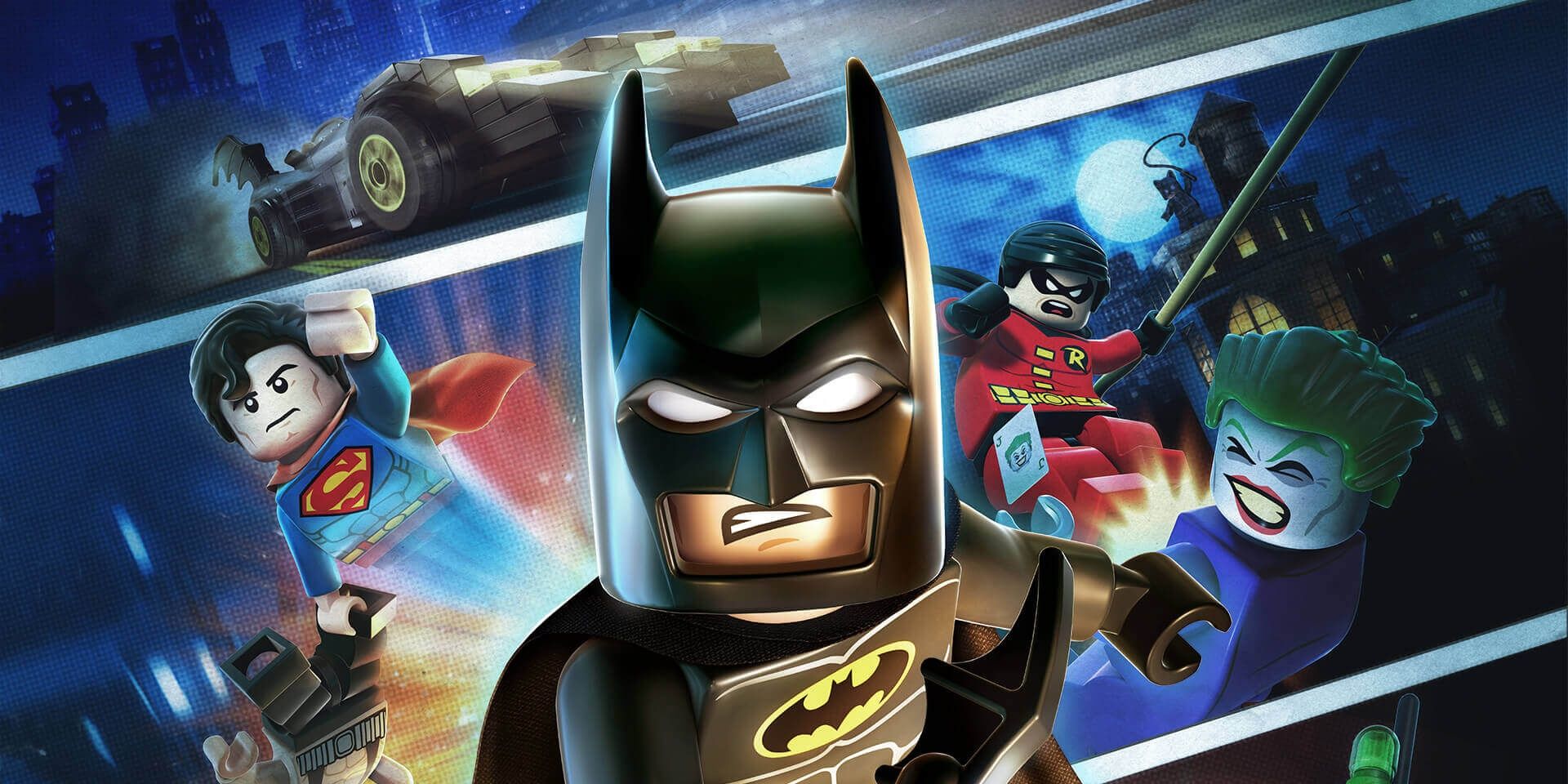 The promo poster for Lego Batman 2 DC Superheroes, showing Batman, Superman, Robin, and the Joker.