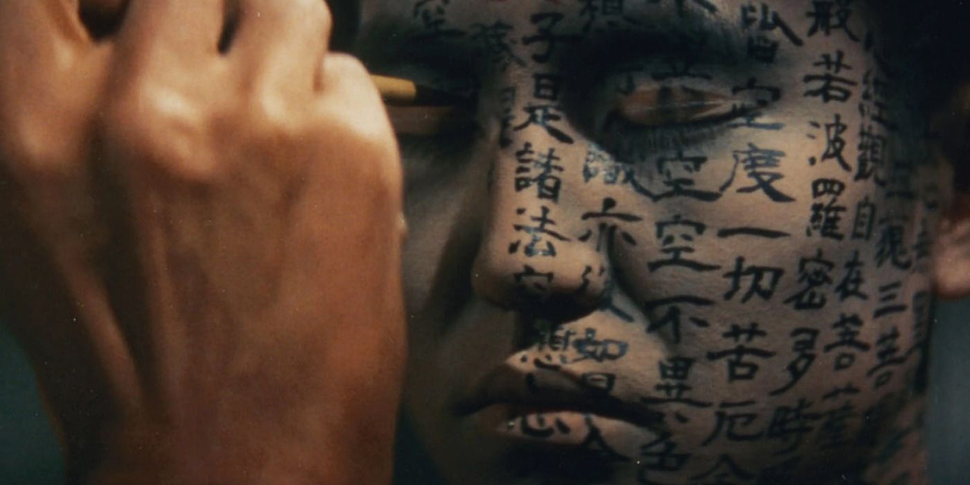 Hoichi the blind musician gets covered in protective symbols in Kwaidan.