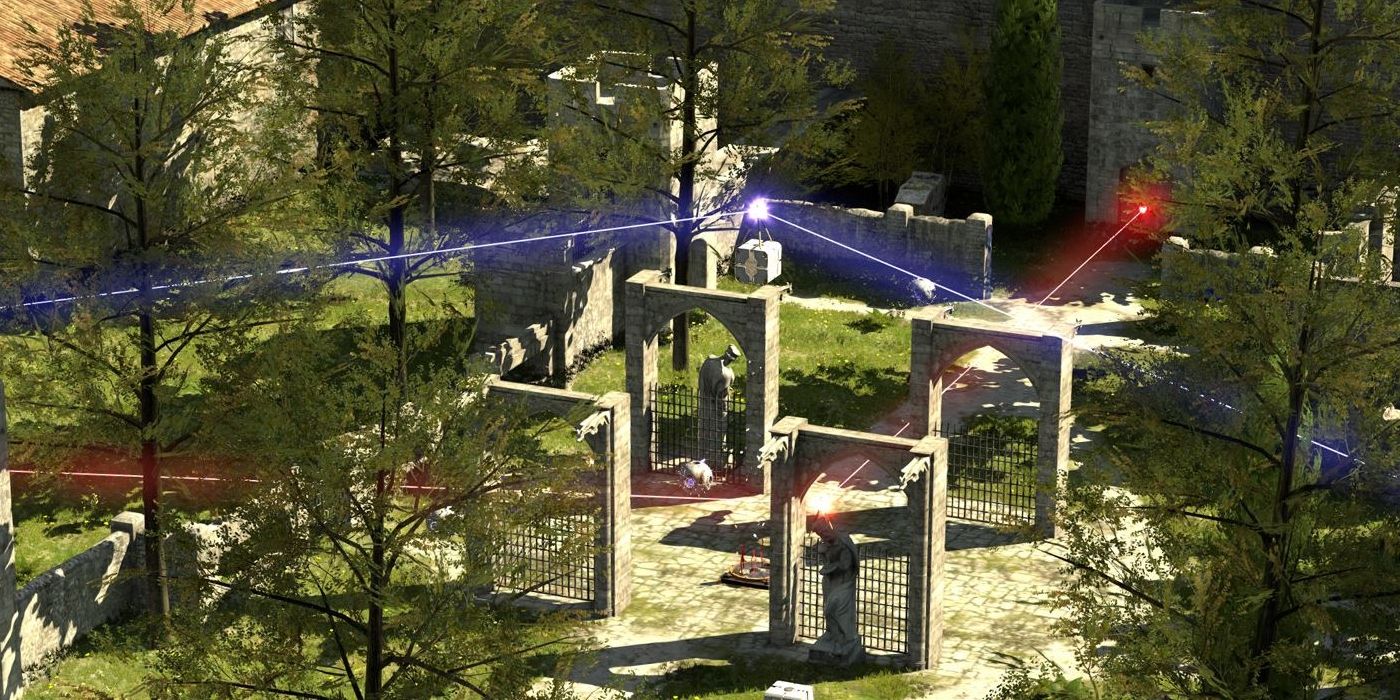 Shining different color lasers to solve the courtyard puzzle of The Talos Principle