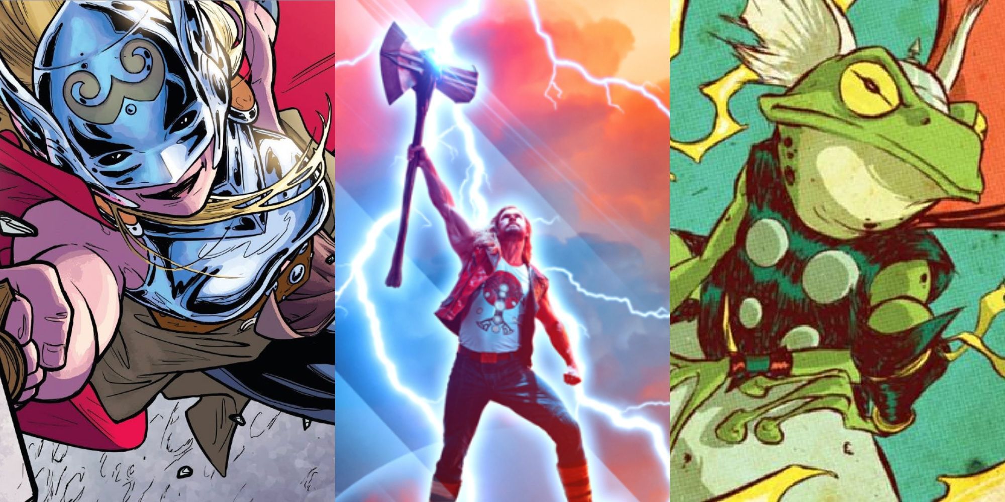 Split image of Jane Foster Thor from Marvel Comics, Thor from Love and Thunder, and Throg from Marvel Comics.