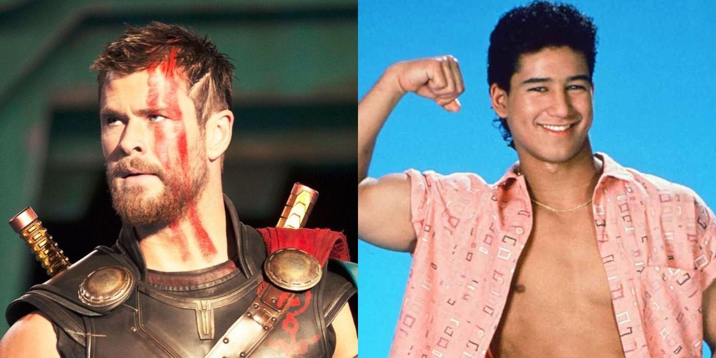 Split image Chris Hemsworth in Thor Ragnarok and Mario Lopez as A.C. Slater in Saved by the Bell