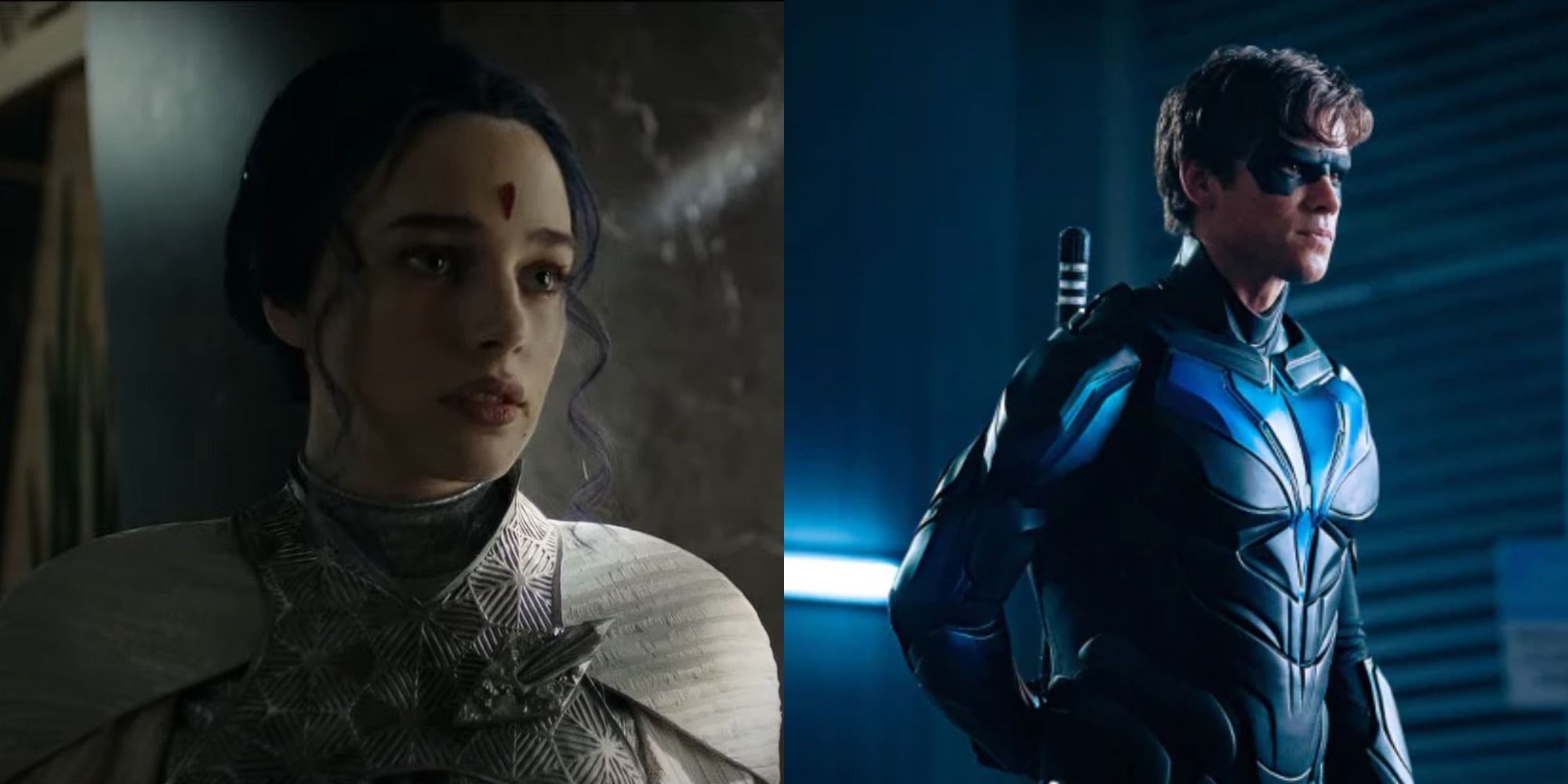 Split image of Raven in her white costume and Nightwing in Titans.