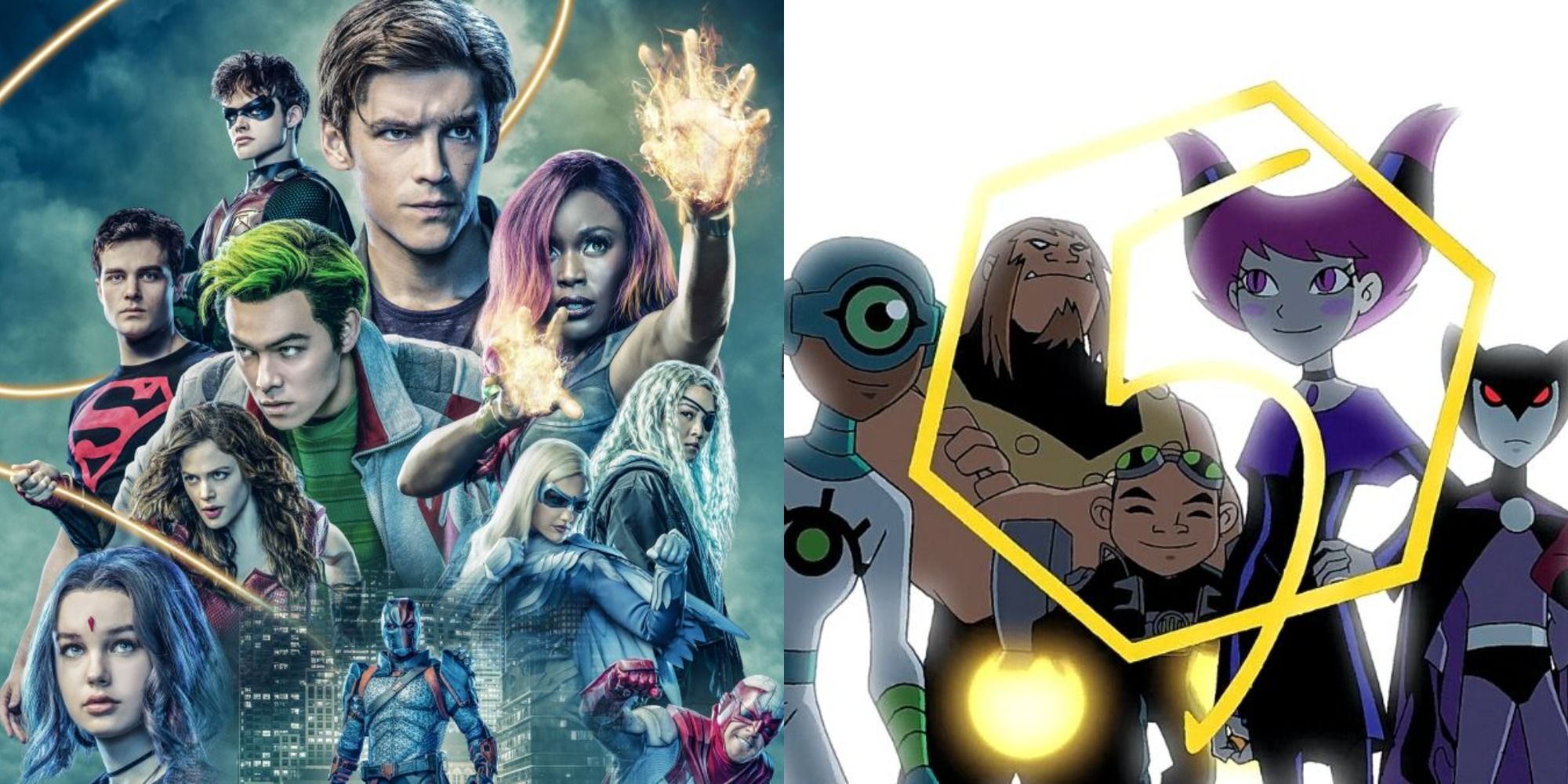 Split image of Titans and The H.I.V.E. Five as seen in the Teen Titans cartoon
