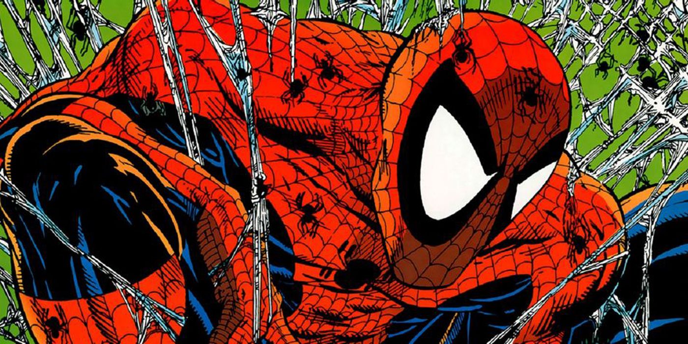 Todd McFarlane drawn Spider-Man in a web from Marvel Comics.
