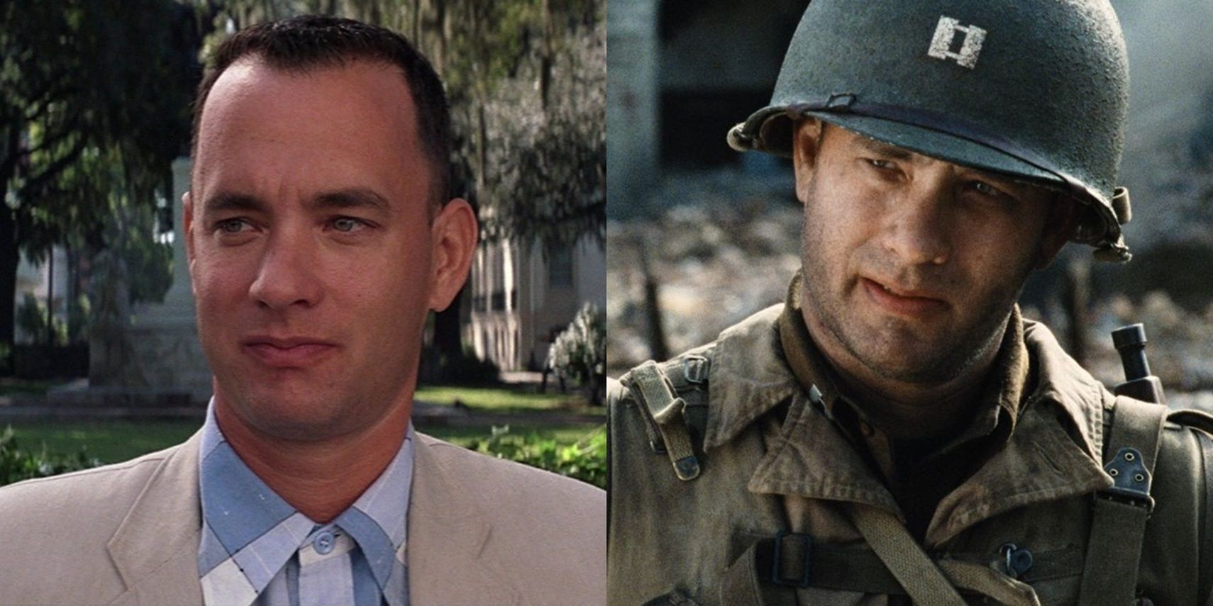 Split image of Tom Hanks in Forrest Gump and Saving Private Ryan
