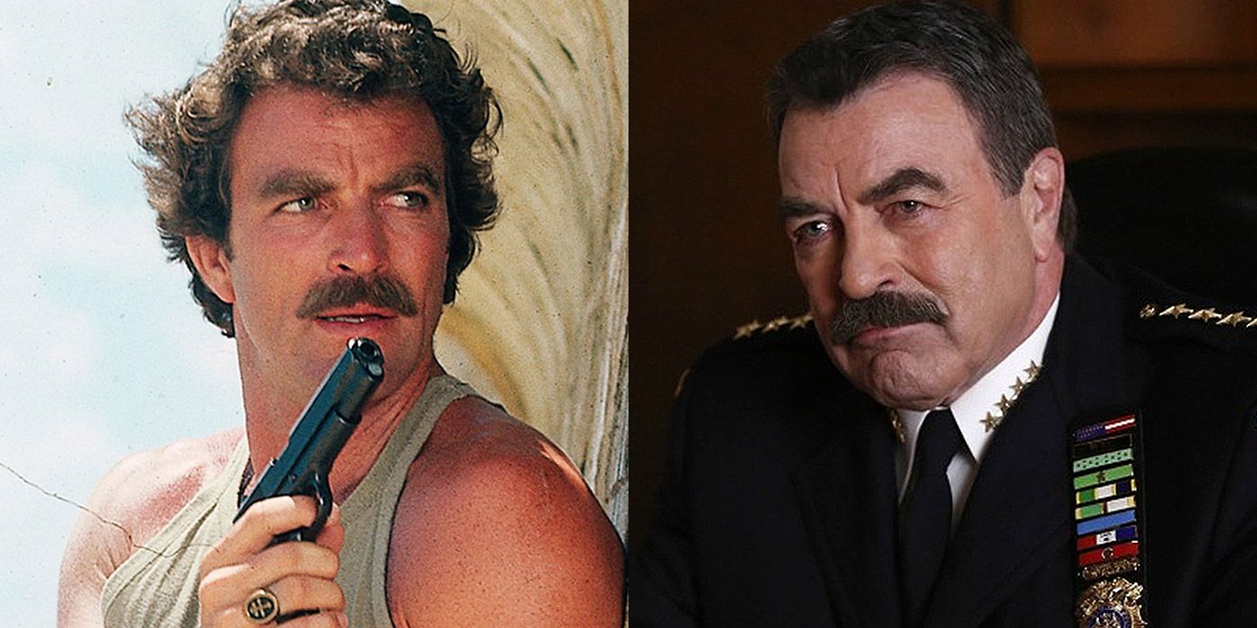 Split image of Thomas Magnum and Frank Reagan, played by Tom Selleck