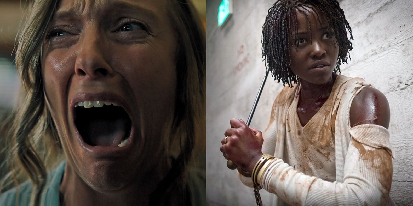 Split image of Toni Collette screaming in Hereditary and Lupita Nyong'o holding a fire poker in Us.