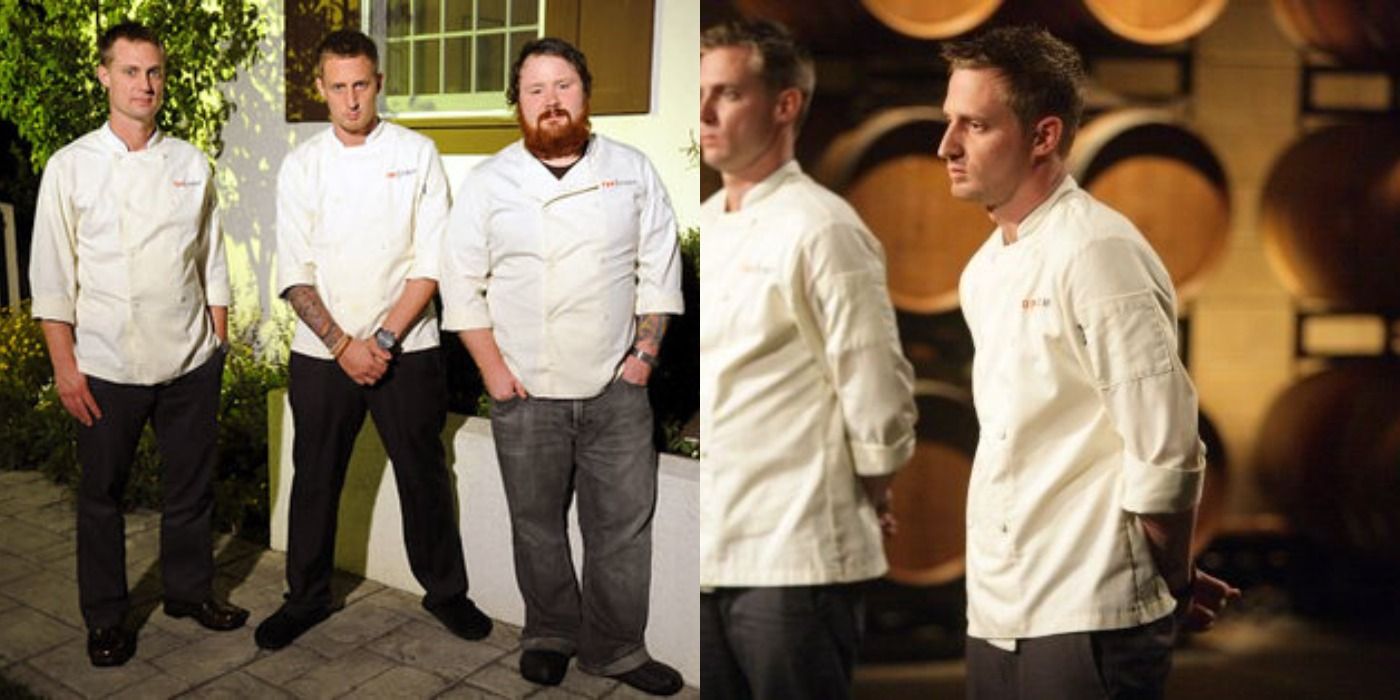 Split image showing Kevin and the Voltaggio brothers during the finale of Top Chef: Las Vegas