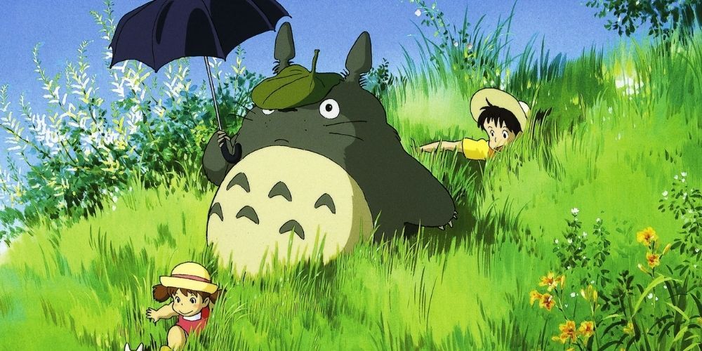 Totoro going for a walk with Mei and Satsuki in My Neighbor Totoro
