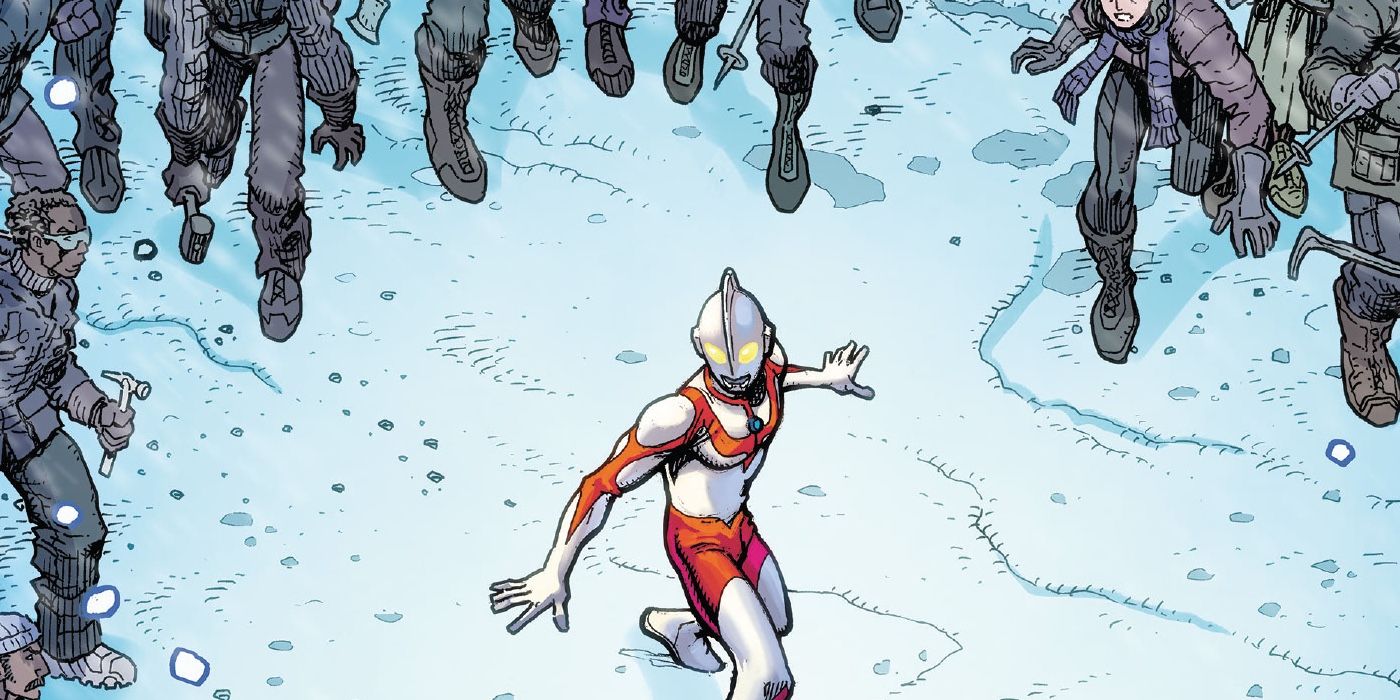 Ultraman in a comic surrounded by enemies.