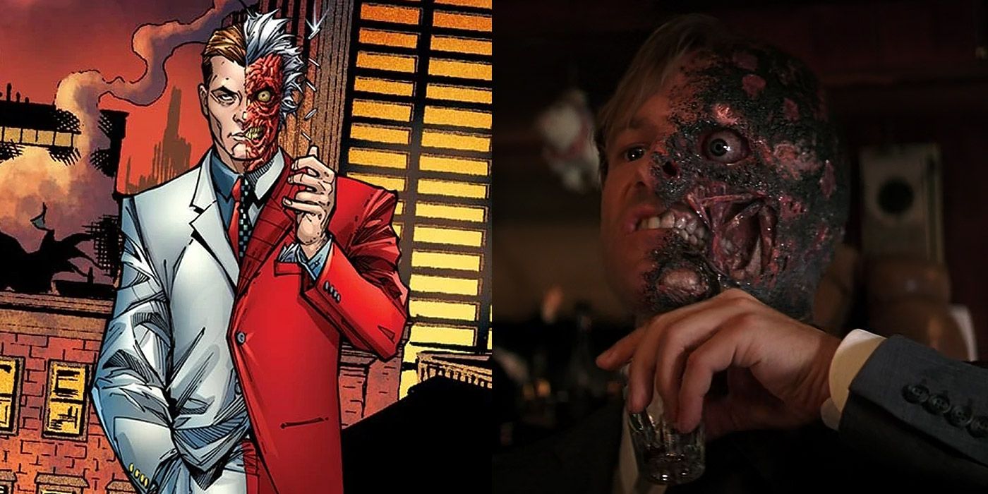 Split image of Two-Face and Harvey Dent drinking in The Dark Knight