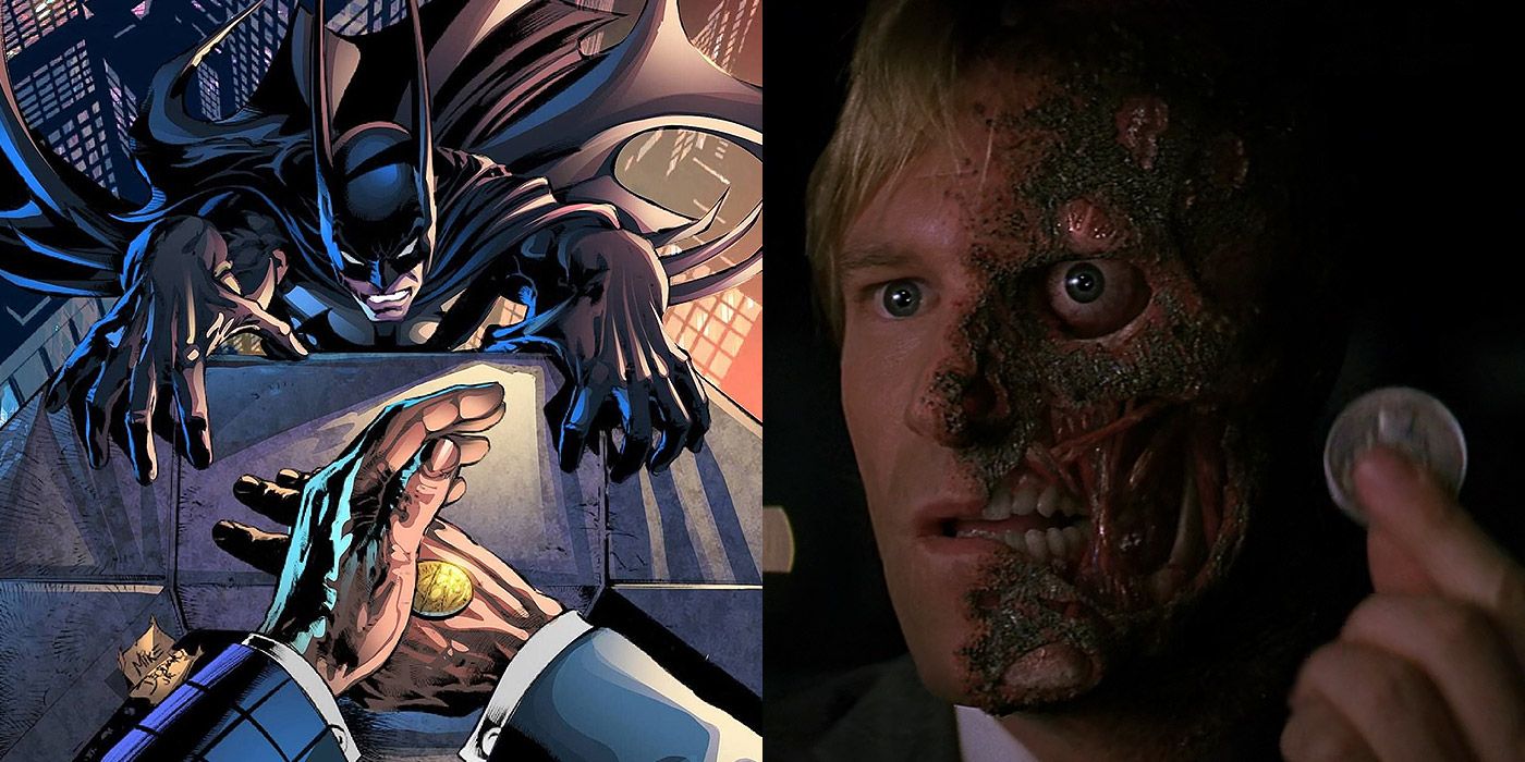 Split image of Two-Face flipping a coin near Batman, and holding a coin in The Dark Knight