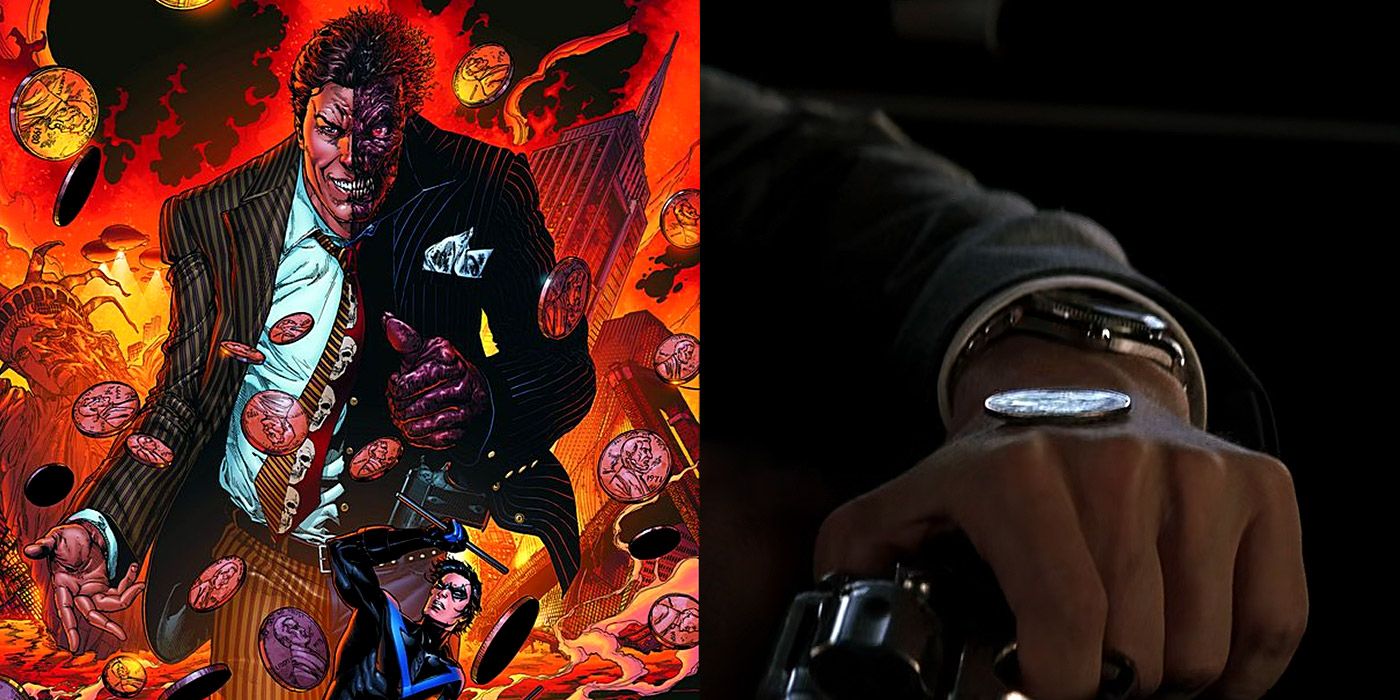 Split image of Two-Face from the comics, and Harvey Dent flipping a coin in The Dark Knight