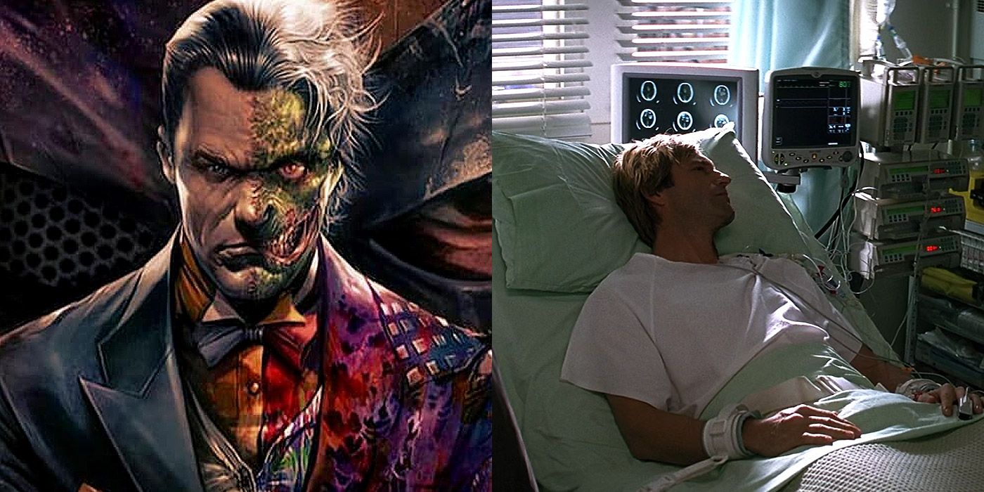 Split image of Two-Face from the comics, and Harvey Dent in the hospital in The Dark Knight