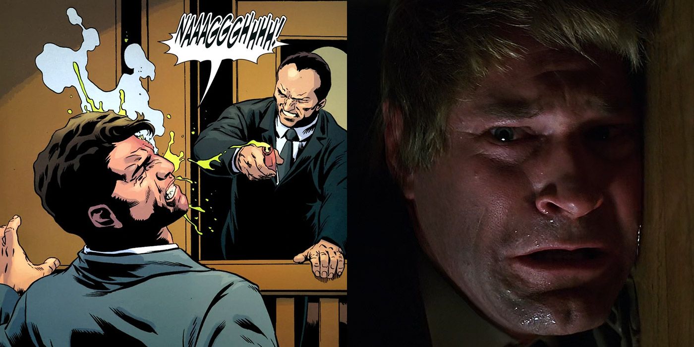Split image of Sal Maroni throwing acid in Harvey Dent's face, and Harvey Dent from The Dark Knight