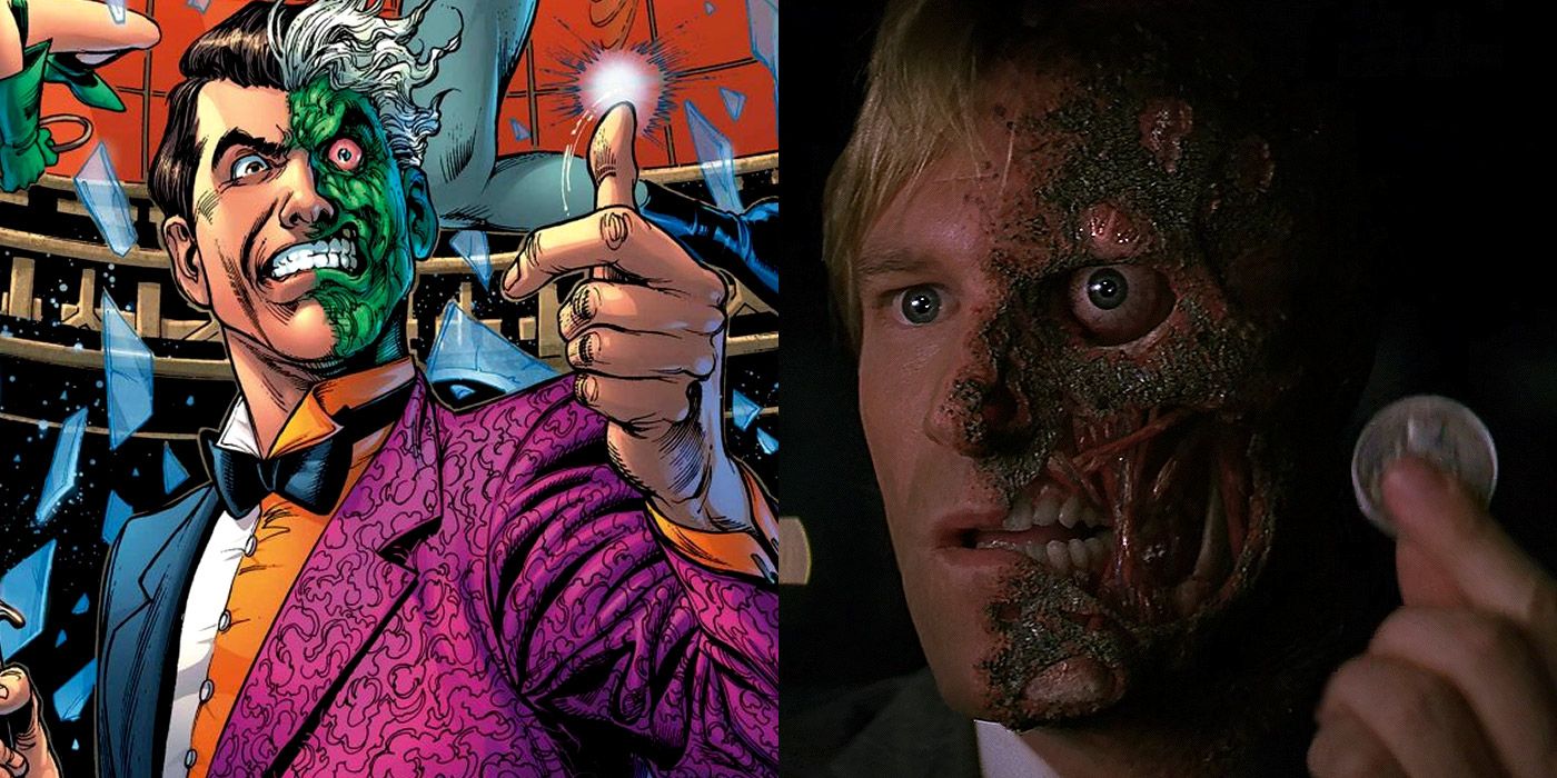 Split image of Two-Face from the comics, and Harvey Dent holding his coin in The Dark Knight