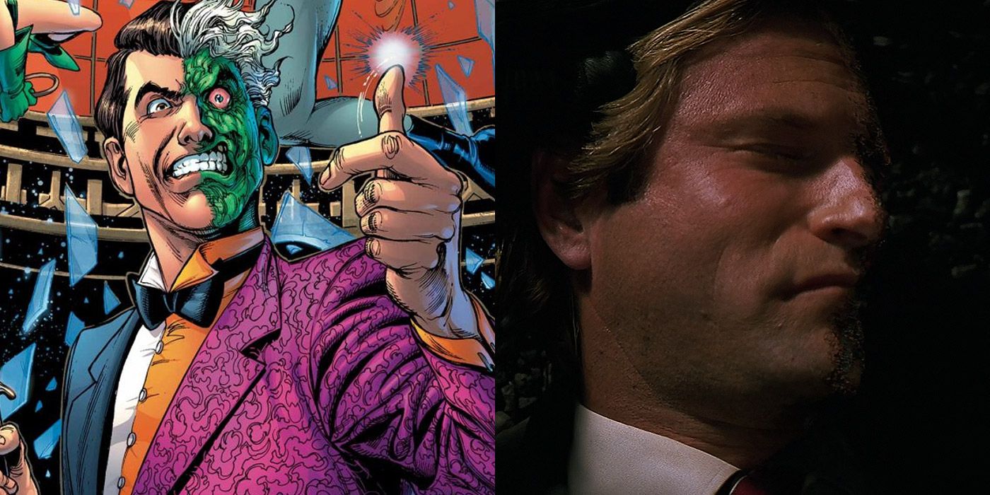 Split image of Two-Face from the comics, and a dead Harvey Dent in The Dark Knight