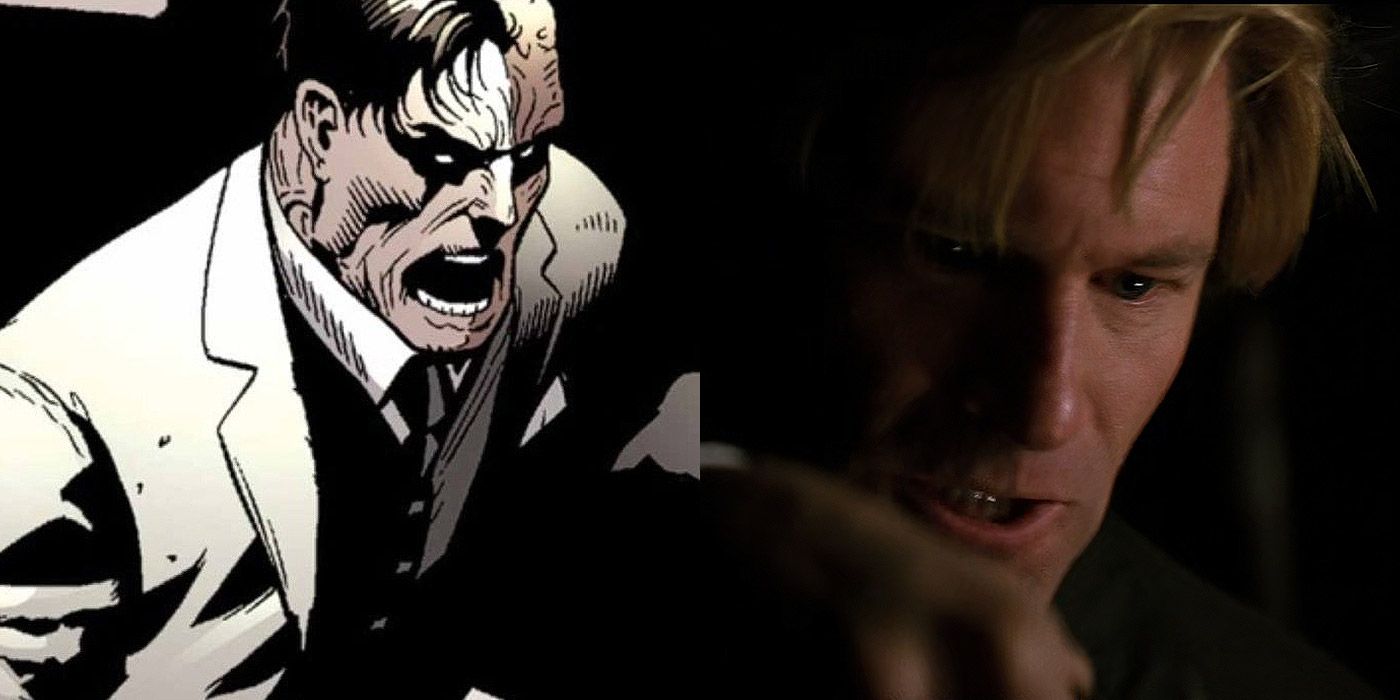 Split image of an angry Harvey Dent from the comics and The Dark Knight