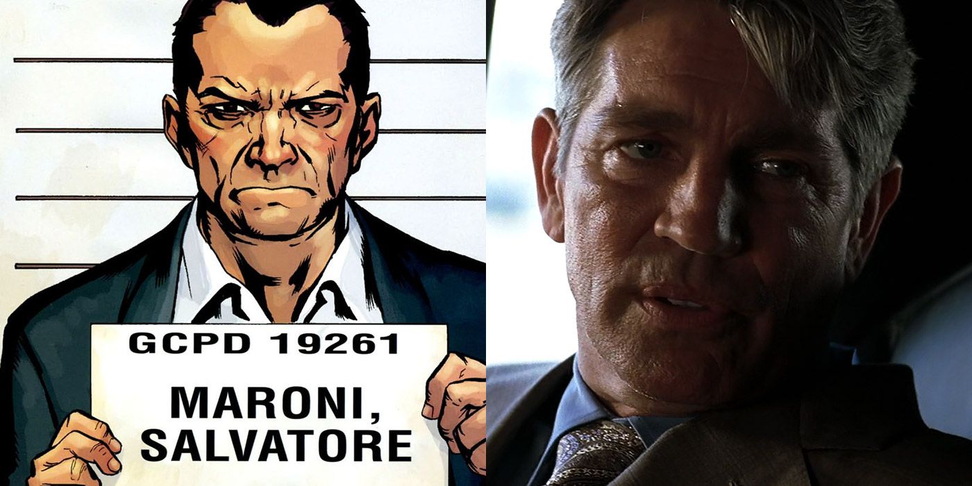 Split image of Sal Maroni from the comics, and The Dark Knight