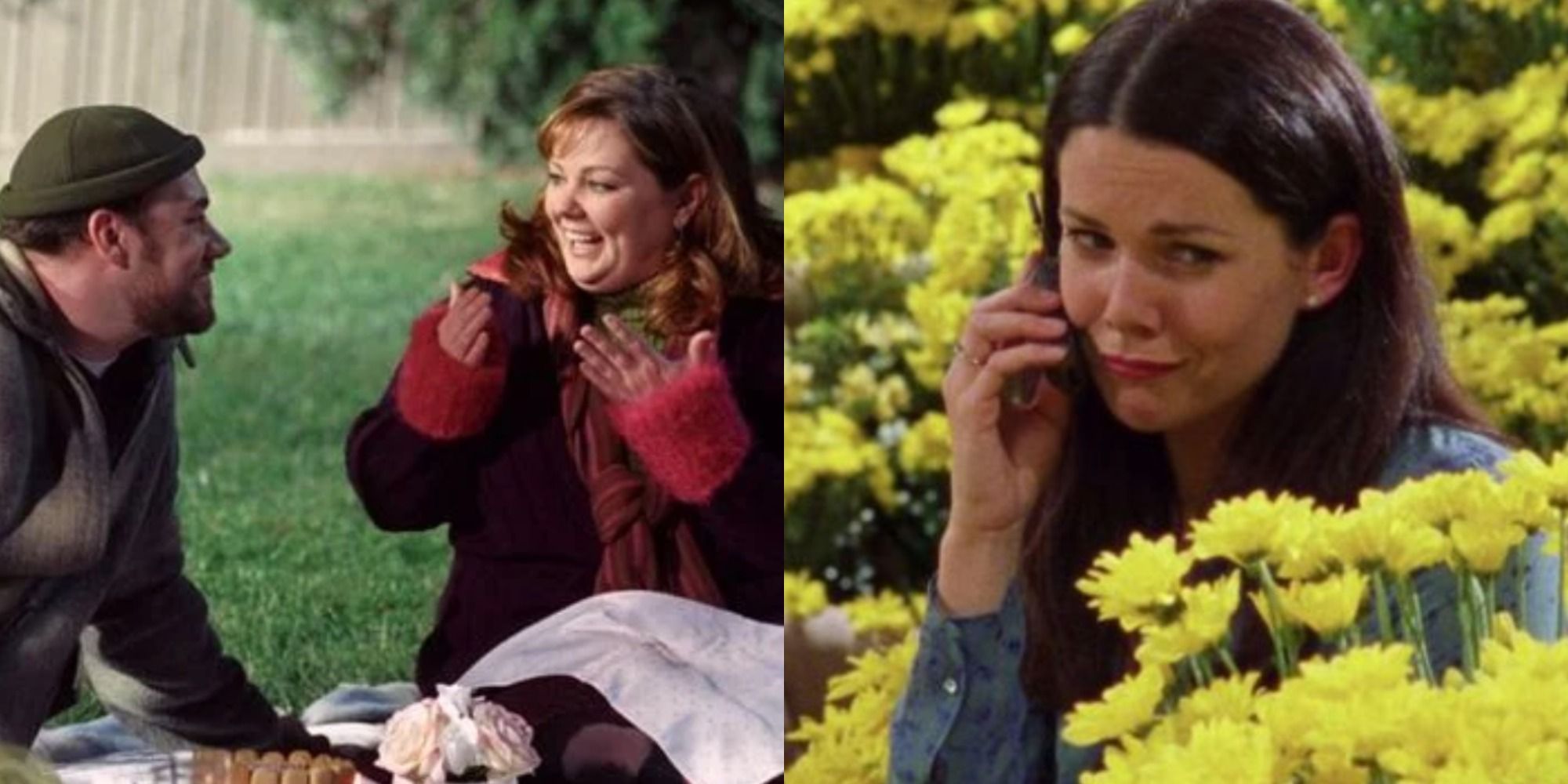 Two side by side images from Gilmore Girls showing romantic scenes