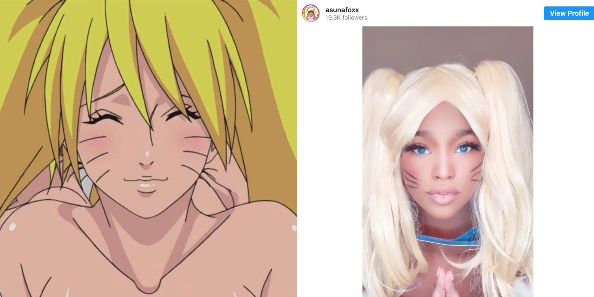 Two side by side images of Naruto as Sexy Jutsu and cosplay version