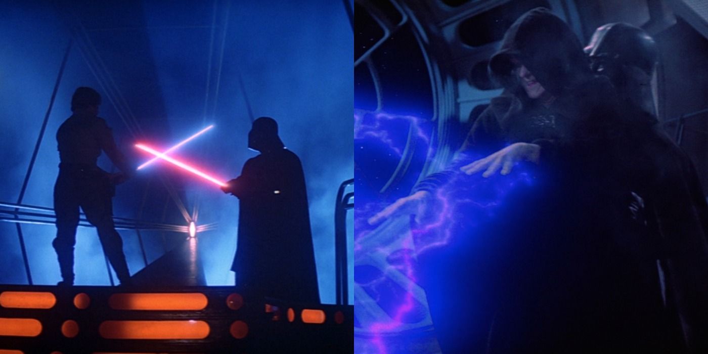 Split image of a lightsaber duel and force lightning