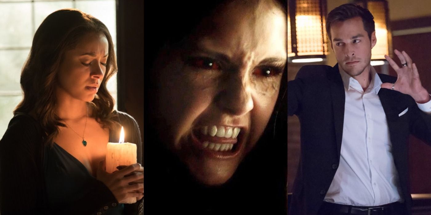 Split image of Bonnie with a candle, vampire Elena, and Kai with a weapon on The Vampire Diaries