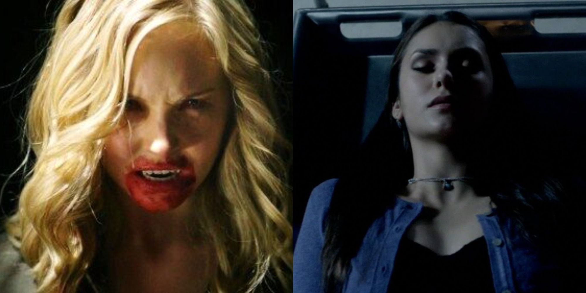 Split image of Caroline as a vampire and Elena in death