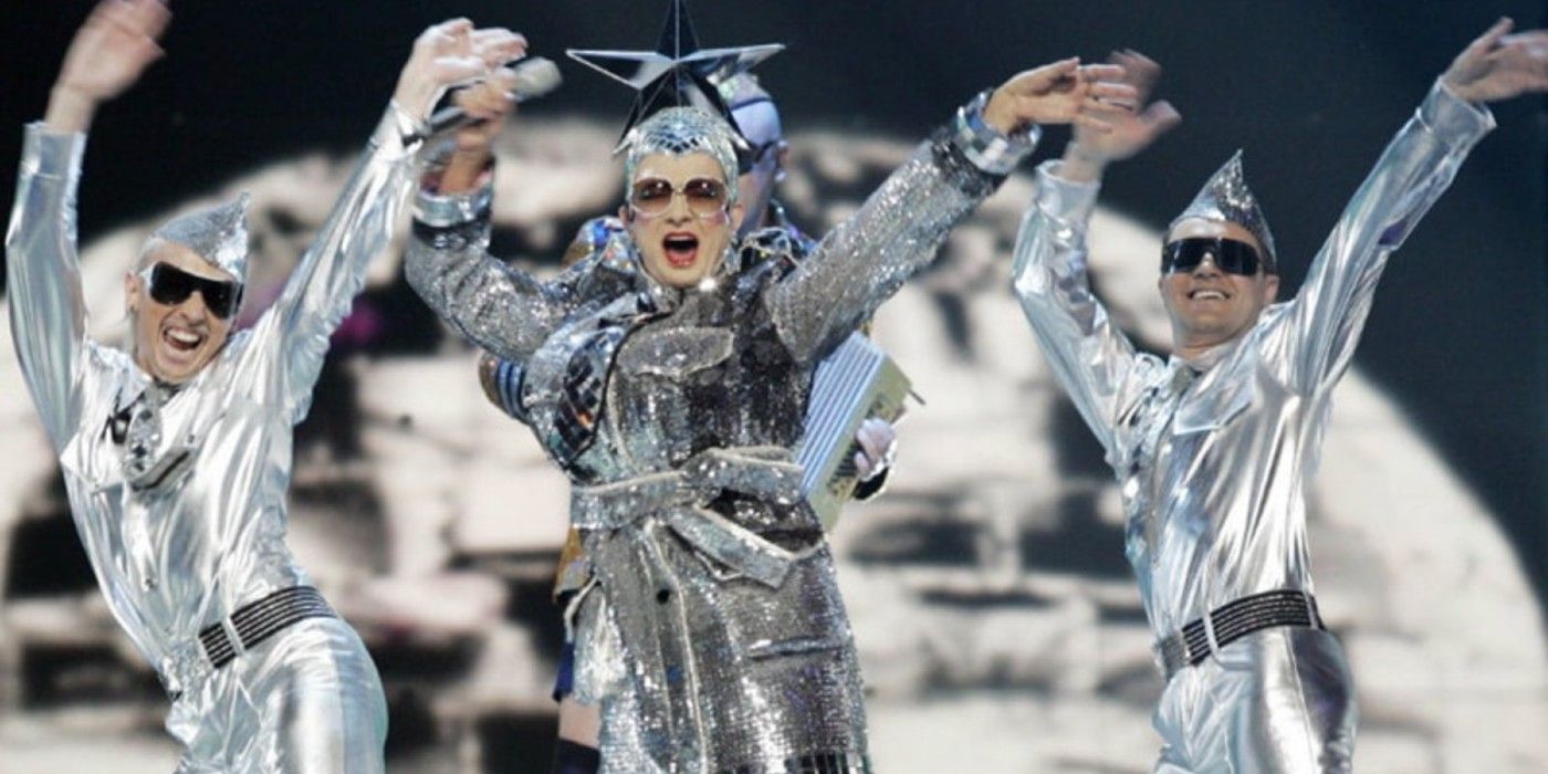 Verka Serduchka and backing dancers dressed in silver clothing at Eurovision