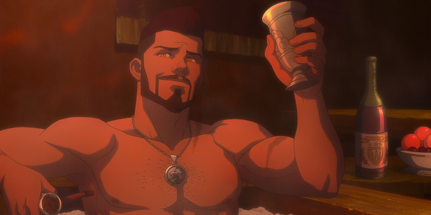 Vesemir in the tub drinking from a goblet in The Witcher Nightmare of the Wolf