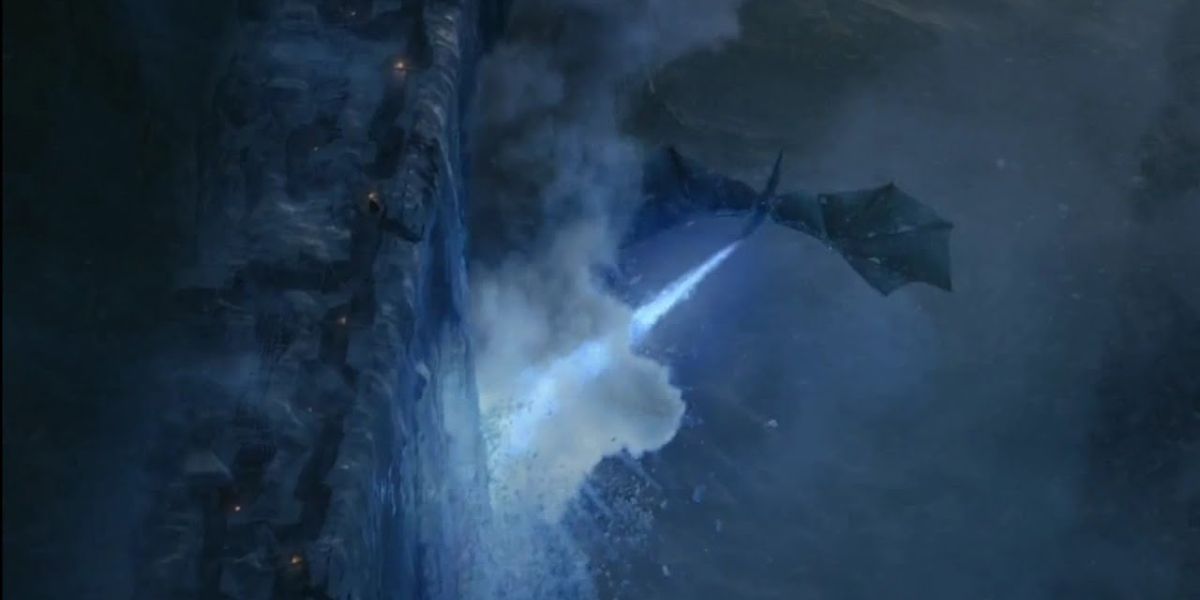 Night King riding Viserion as he destroys the wall on Game of Thrones
