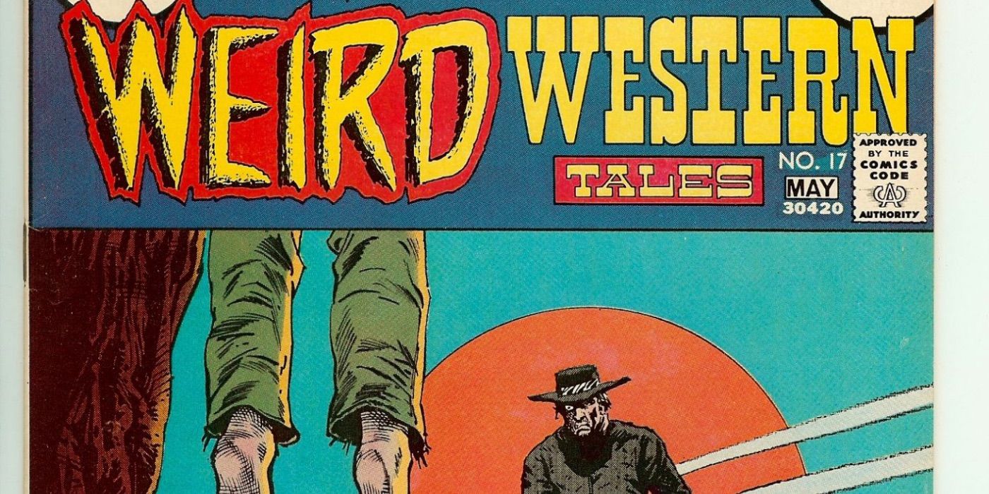 The cover of Weird Western Tales #17 featuring Jonah hex riding in where he sees a man hung by a tree.