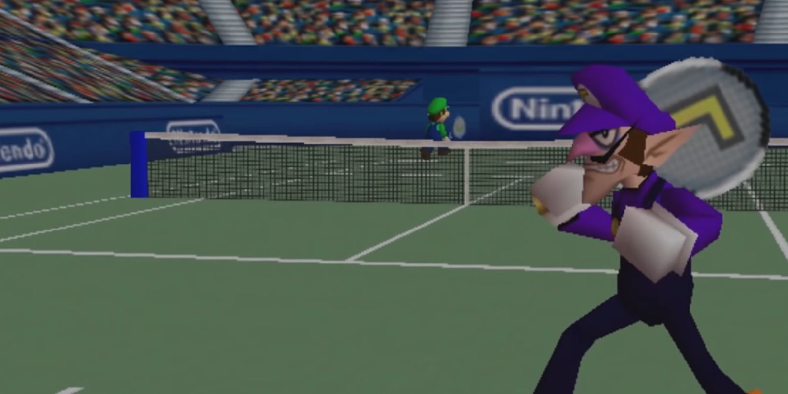 Waluigi and Luigi entering the court in Mario Tennis