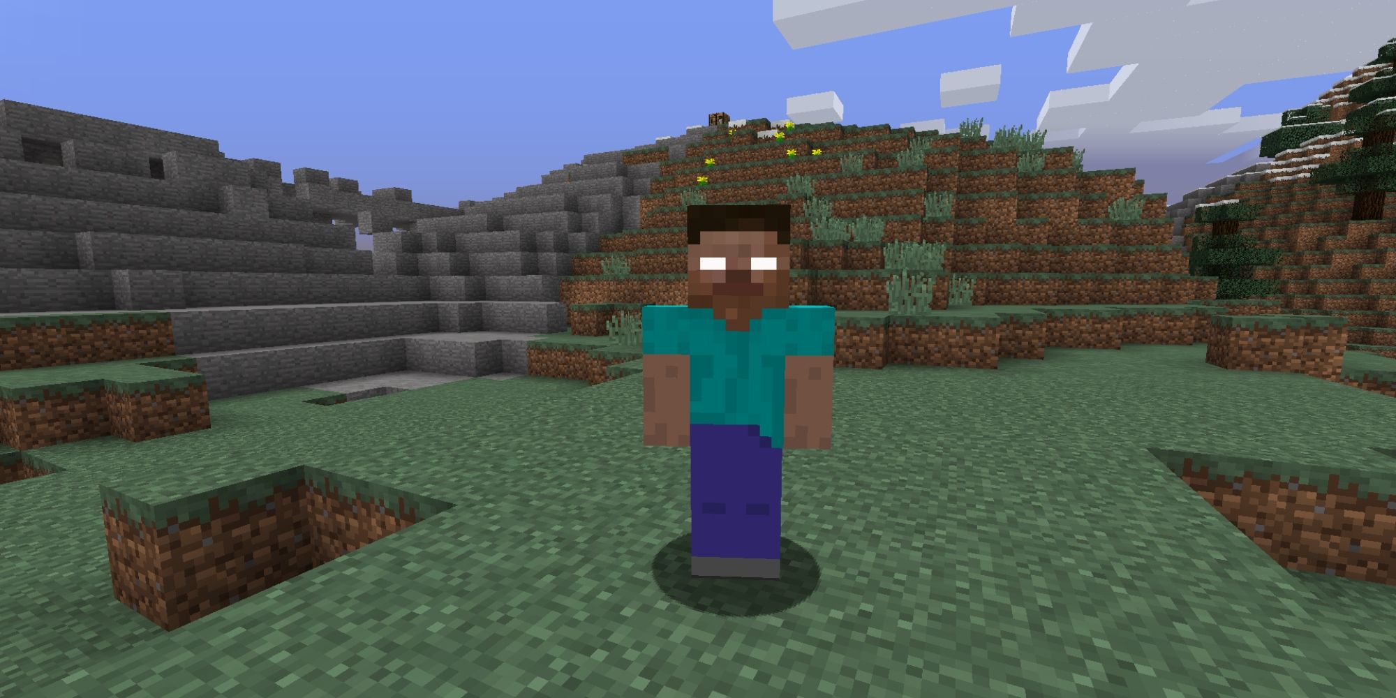 Herobrine standing in the middle of hills in Minecraft.