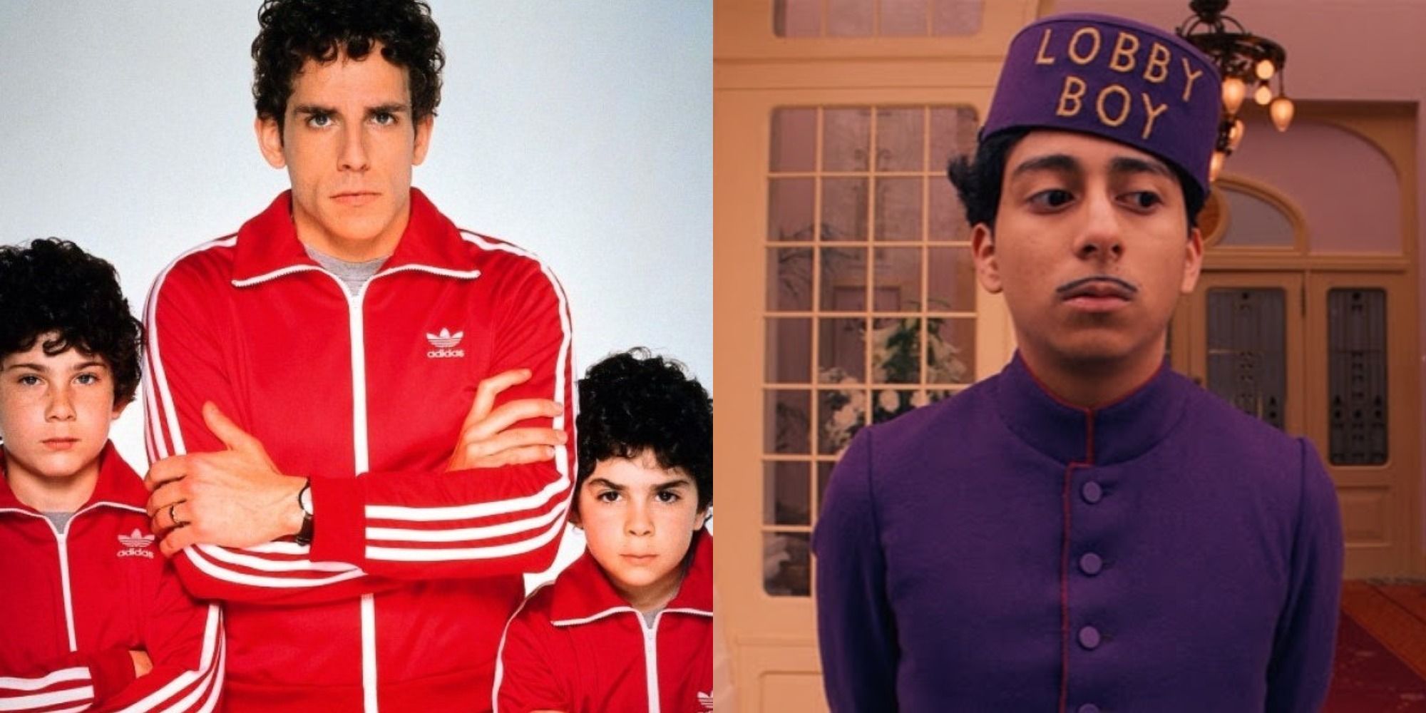 Split image of Ben Stiller & 2 kids in matching red track suits and Tony Revolori as a lobby boy.